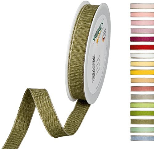 Halbach Seidenbänder Nastro decorativo con bordi in lino, larghezza: 15 mm, lunghezza 20 m, nastro per regali, decorazione fai da te, colore: verde oliva/lino