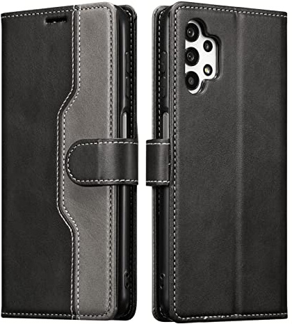 EYZUTAK Leather Flip Wallet Phone Case for Samsung Galaxy A13 5G/4G/A04S, Magnetic Closure PU Case with Kickstand 3 Card Holder 1 Cash Slot Shockproof Flip Folio Leather Phone Cover - Black+Gray