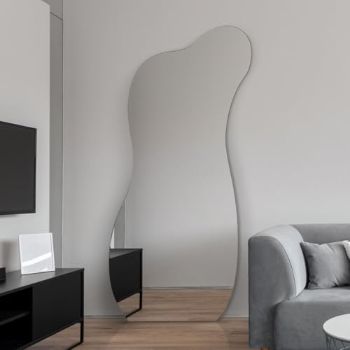 MirrorOutlet The Lacuna - Frameless Modern Full Length Pond Leaner/Wall Mirror 55 X 24 (140CM X 60CM) Silver Mirror Glass with Black wooden Backing - Polished Edging