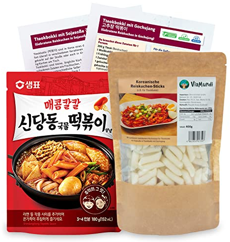Koreanische Reiskuchen & Shindangdong Topokki Sauce Set - Inkl. Broschüre mit Kochrezepten und Videoanleitungen für würzige Reisnudel-Gerichte - 400g Reis-Sticks für Tteok-bokki & 180g Soße