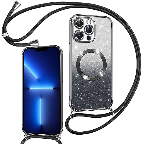 Phoona Handyband Hülle für iPhone 13 Pro Max mit Band [kompatibel mit MagSafe], Luxuriöse Glitzer Beschichtung Magnetische Handyhülle für iPhone 13 Pro Max Silikon TPU Stoßfest Schutzhülle, Schwarz