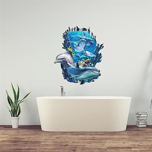 PLIGREAT 3D Muro Rotto Sottomarino Oceano Mondo Delfini Adesivi Murali per Adolescenti Camera Da Letto Dormitorio Decorazione Da Parete Casa Al Mare Appartamento Decorazione Da Parete per Interni