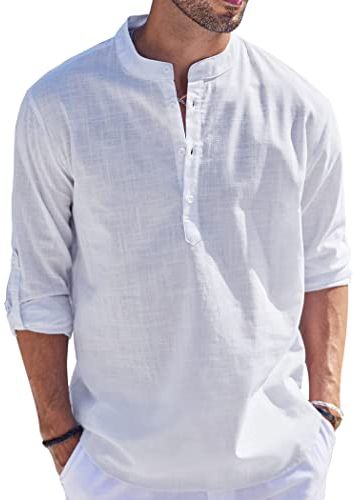 Cegerne Herren Leinenhemd Henley Shirt Langarm Freizeithemden Sommer Beach Casual Mittelalte Kurzarm T-Shirt für Urlaub Strand, Weiß, M
