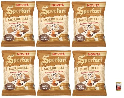 Italian Gourmet Morbidelli Caramel Dorè torroncini salzig weich 6 x 117g | Nougat mit feiner Glasur; bocconcini dolci per caffè, dessert und kleine, Gesamtnettogewicht 702 g + Kostenlos Polpa 400g
