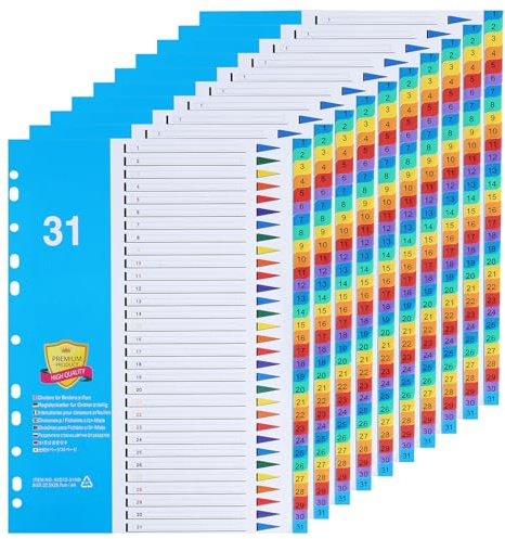 [10 Stück]31-teiliges Register für Ordner A4 1-31,PP Ordner Trennblätter | für Schule, Büro