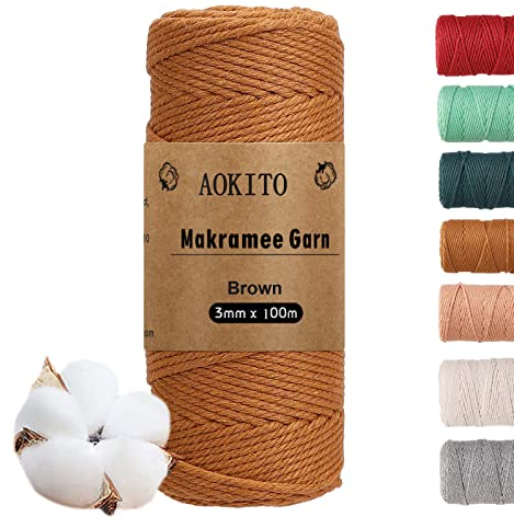YESLUSY Makramee Garn, 3mm x 100m Premium Baumwolle Makramee Garn für DIY Handwerk, Hängepflanze, Boho Deko, Blumenampel, Pflanzenbügel (Karamellfarbe)