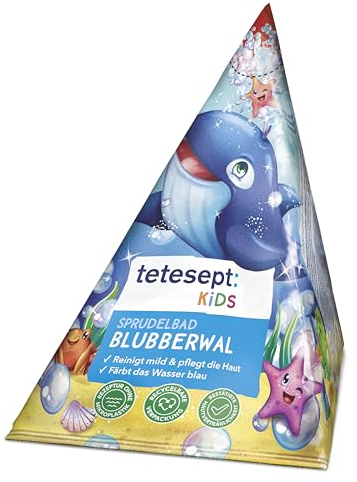 tetesept KIDS Sprudelbad Blubberwal – 6 x 80 g – Aufregender Sprudelschaum mit fruchtigem Duft und hautpflegender Kakaobutter – Badeschaum und blaues Wasser