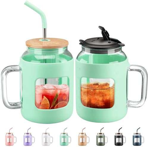 BLUEGO 1500ml Gobelet en Verre avec Poignée et Paille Réutilisable Gourde avec 2 Couvercles Tasse à Café en Verre avec Manchon en Silicone Sans BPA 1,5L Bouteille d'eau en Verre Anti-fuite, Vert