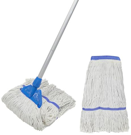 KLHB-YF Commercial Looped-End String Mop, Heavy-Duty Industrial Cotton Mop Head, 55-inch Handle, 2 Pack, White, Floor Cleaning
