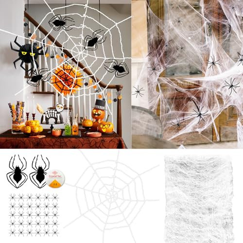 Daily Treasures 300g Dehnbar Spinnennetz Halloween&1,5m großes weißes Spinnennetz Deko & 32pcs Realistische Spinnen,(1500sqft) Deco Mesh,Halloween Deko Spinnennetz Horror Deko Innenbereich/Draußen