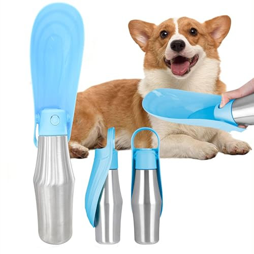 Trinkflasche Hunde unterwegs Edelstahl Trinkflasche Hund, Tragbare Haustier Wasserflasche, Faltbare trinkflasche Hunde Wasserspender Reise Zubehör für Wandern und Camping 750ml Blau