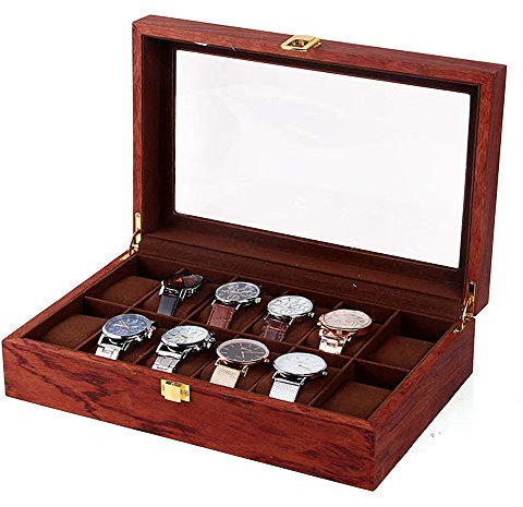 Fyssnn 6/10/12 Schlitze Holz Uhrenbox Uhrenkasten Rosenholz Maserung Massive hölzerne Uhrenbox Uhrenvitrine Ideal zum Ausstellen und Aufbewahren von Uhren (12 Schlitze)