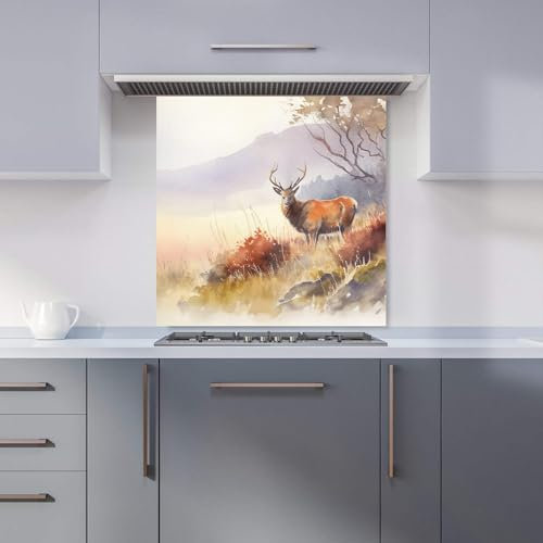 Warren Reed - Designer Premium Stag Deer Water Colour Kitchen Splashback 6mm Toughened Glass Kitchen Splashback – Heat Resistant Splashback for Kitchens, Perfect for Cookers and Hobs, Polished Edges