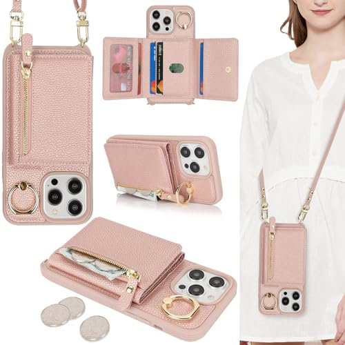 ELTEKER Handyhülle für iPhone 15 Pro Max Hülle mit Band Kartenfach Ringhalterung Geldbörse,Leder Klapphülle Umhängetasche Handytasche für iPhone 15 Pro Max - roségold