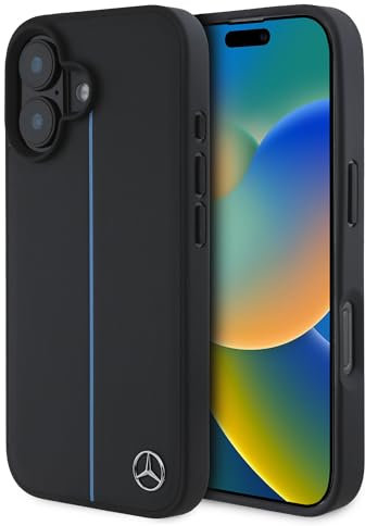 CG MOBILE Mercedes-Benz HC-Handyhülle, entworfen für iPhone 16, langlebig, stoßfest, kompatibel mit Magsafe, Blue Line Lederhülle, Schwarz
