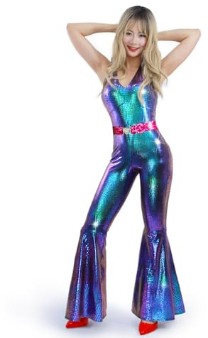 Muztagata Disco-Outfit, 70er-/80er-Jahre, Abschlussball, glitzernd, ausgestellter Overall, Party, Kostüm, Halloween, Cosplay, für Erwachsene, Damen, Größe XXL
