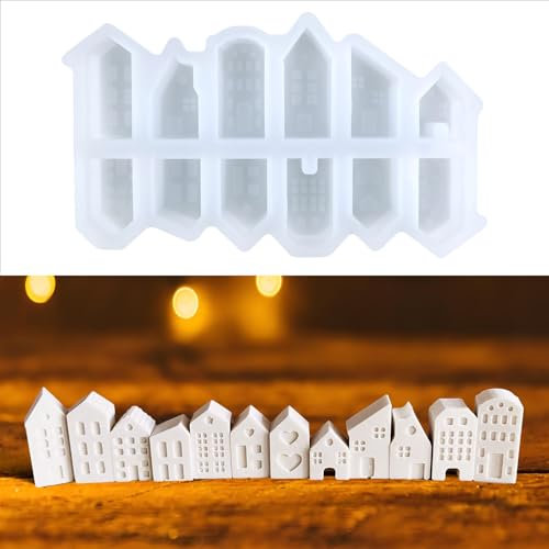 Silikonformen Gießformen Häuser, 12 Stück Gießformen Silikon Haus Mini, Weihnachten Giessformen Silikon, Gips Zum Gießen Häuserkranz, Gipsformen mit Kreativ Beton,Resin Gießharz,Raysin Gießpulver