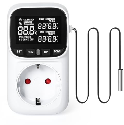 Digitaler Temperaturregler Steckdosen, EU Timer Steckdosen Thermostat digitaler Temperaturregler Steckdose mit Timer Schalter Sensorsonde für Gewächshaus,Aquarium,Terrarium