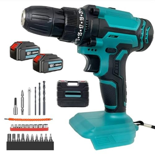 Akku Schrauber, kompatibel mit Makita, Mit 2 x 5500mAh Akkus, 420 N.M Max Akku Bohrmaschine, 21v Drehmoment Auf 25+3 Stufen, Akku Schlagbohrschrauber mit 26tlg Zubehör Set für Haus und Garten DIY