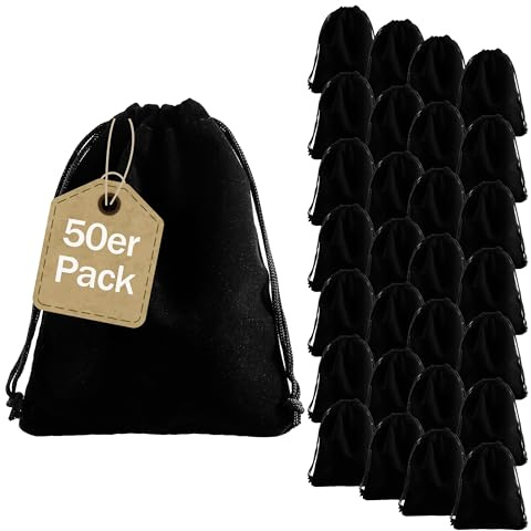 SPRINTIS Samtsäckchen schwarz mit Kordelzug, 50 Stück, Samtbeutel klein 10 x 13 cm, vielseitig einsetzbar als Geschenksäckchen oder Schmucksäckchen