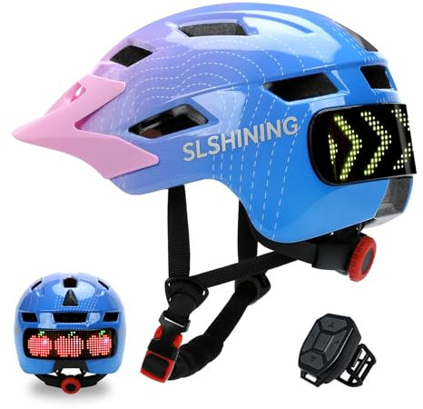 Casco da bici per bambini con display a LED con indicatori di direzione, casco da bici con controller wireless, fodera in EPS | parasole rimovibile caschi leggeri per adolescenti (Rosa)