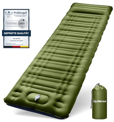 Arlierss Isomatte Selbstaufblasend,12cm Höhe Luftmatratze Camping mit Fußpresse Pumpe, Kompakte und Leichte Schlafmatte mit Kissen für Outdoor, Wandern, Reise, Strand-Armeegelb