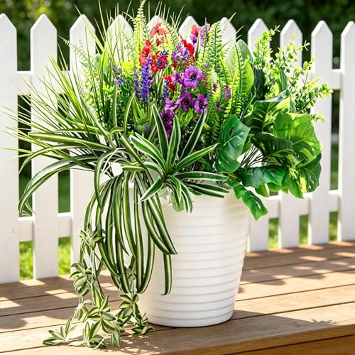 YUGYUM 14 Bundles Artificial Fake Plants Greenery Outdoor, UV Resistant Faux Flowers Plastic Shrubs for Planter, Plastic Bushes for Garden Yard Indoor Outside Summer Decor