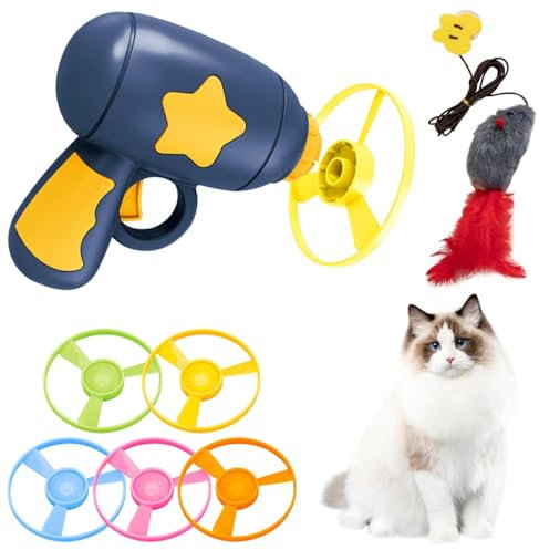HTRTRR Juego de juguetes para gatos, lanzador interactivo con 5 hélices de colores, juguete de inteligencia para gatos, interior y exterior, autoempleo para cazar gatos (azul)