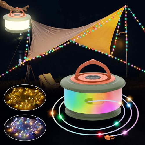 10 m Camping Lichterkette Aufrollbar, Musik Sync Farbwechsel RGB Outdoor Campinglampe with 19 Beleuchtungsmodi, USB Aufladung, 2-in-1 Tragbare LED Camping Licht für Camping, Hof und Wohnmobil Deko