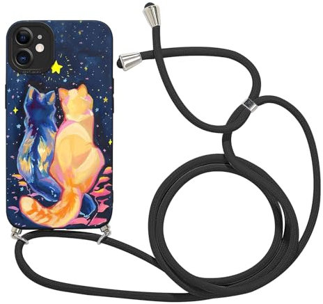 Kueqeay Handyband für iPhone 11 Hülle mit Band 6,1'', Aesthetic Schwarz Katze Muster Verstellbarer Halskette Handyhülle mit Kordel zum umhängen Silikon Stoßfest Schutzhülle mit Kette, 03