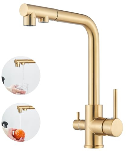 HARNART Robinet de cuisine 3 voies rotatif à 360°, mitigeur 3 en 1 pour filtre à eau, robinet d'eau potable avec 2 leviers, robinet de cuisine à trois voies en acier inoxydable, or brossé