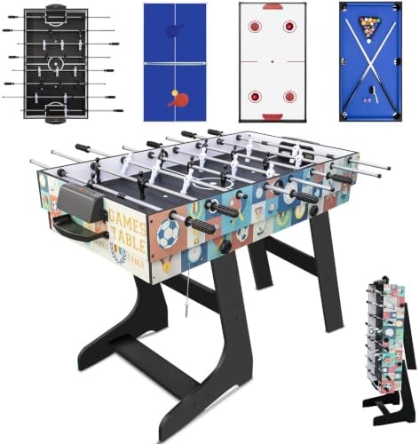Hyner 4 in 1 121cm Billard Tischfußball Air Hockey Tischtennis mit Zubehör | Multifunktionale Spieltische, Zusammenklappbarer Tisch, Plattenwechsel, robustes Holz, platzsparend, ideale Familie