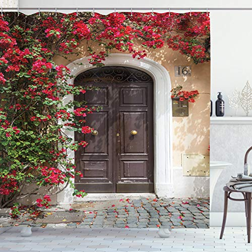 ABAKUHAUS marocain Rideau de Douche, Vieille Porte avec des Fleurs, Tissu Ensemble de Décor de Salle de Bain avec Crochets, 175 cm x 200 cm, Multicolore