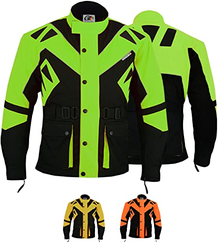 German Wear Motorradjacke Herren mit CE1-Protektoren - 5 Taschen, aus 4 Schichten, Winddicht, Reflektierend, lange Jacke - Abnehmbar & Washbar Thermofutter - Neonfarben Extra Sichtbarkeit - Grün - M