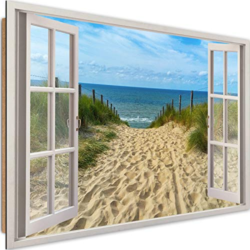 Feeby Bilder Fenster 3D Illusion XXL 120x80 cm Deko Kunst 1 Teilig Wohnzimmer Schlafzimmer Büro Flur Küche Leinwandbilder Modern Bild auf Leinwand Wanddekoration Kunstdruck Design Strand Mehrfarbig