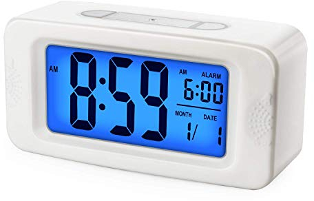 Plumeet Réveil Électronique avec Lumière à Induction, Allumer Toute La Nuit, Écran LCD de 4'' pour l’Heure et la Date, Réveil de Chevet avec Fonction de Roupillon (Blanc)