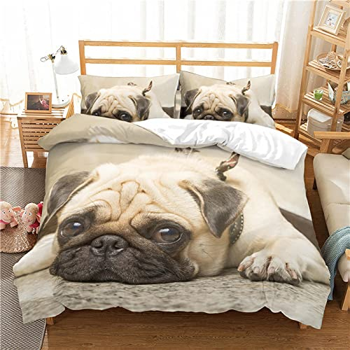 JWFGTT Mops Bettbezug Set 3 Teilig Tier Hund Bettwäsche Set Kinder Jungs Teenager 3D Bettbezug Set mit Reißverschluss Mikrofaser Ultraweiche Hypoallergene Bettbezug 135x200cm