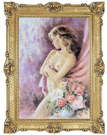 Wunderschönes 90x70cm Nackte Frau Blumen C. Parisi Gemälde Bilder Bild mit Rahmen Barock Antik Repro Rahmen 58B