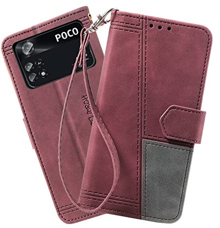 DENDICO Coque Compatible avec Xiaomi Poco M4 Pro 4G, Portefeuille Housse en Cuir PU pour Xiaomi Poco M4 Pro 4G, Magnétique Antichoc Flip Coque, Vin Rouge