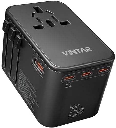 VINTAR 75W GaN Reiseadapter Weltweit, Fast Charge Universal Reisestecker Adapter mit 3 USB C und 1 USB A, Travel Adapter für EU USA UK Italien Japan Thailand Australien Kanada, Schwarz