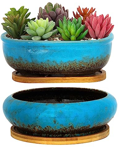 ARTKETTY Vasi per piante grasse, vasi per piante grasse in ceramica con vassoio di drenaggio in bambù, 1 vaso da fiori rettangolare + 1 vaso rotondo per cactus bonsai da interno (blu)