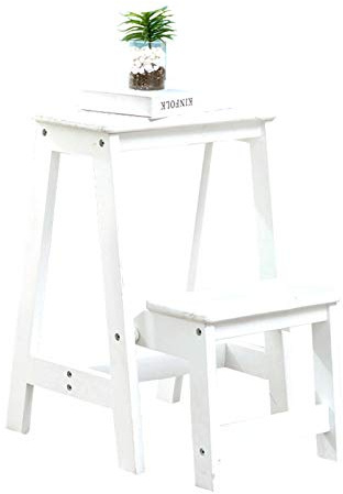 Taburete Plegable Clamshell, Escalera multifunción de Madera de 2 peldaños, taburetes portátiles y Estante de Almacenamiento para Biblioteca, Cocina casera (Blanco)
