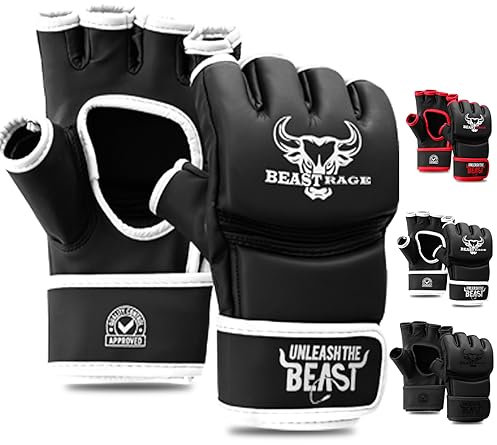 BEASTRAGE MMA Handschuhe für Männer und Frauen,Martial Arts Mitts Grappling Sparring,Ventilated Palm, VEGAN Leder, Cage Fighting, Muay Thai, Kickboxen, Boxsack, Boxen, Kickboxen (M, Weiss)