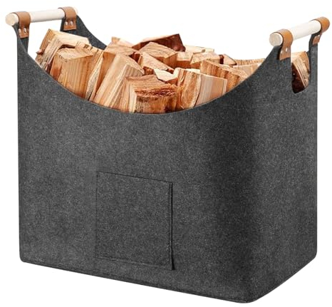 Brennholzkorb aus Filz mit Holzgriff Filzkorb Extra Großer, Faltbare Holzkorb-Filztasche für Zuhause & Auto Aufbewahrungskorb für Brennholz, Zeitungen, Kleidung (45x32x40cm)