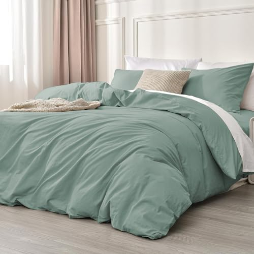 Luofanfei Baumwolle Bettwäsche 135x200 4teilig Salbeigrün Grün Einfarbig Muster Renforce Baumwollebettwäsche Premium Uni Modern Weiche Bettbezüge Einzelbett und Kissenbeüge 80x80 cm