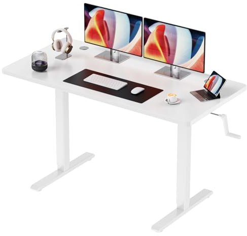Bureau Assis Debout 120 x 60 cm, Bureau Réglable Manuellement Blanc, Panneaux de Particules Anti-Rayures et Anti-salissures, Cadre Métallique Épais nacier au Carbone
