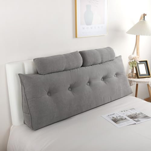 MONDEX Rückenkissen Bett mit Kopfrollenkissen, Große Kopfteil kKeilkissen mit Abnehmbaren Bezug, Weiche Nackenstützkissen Rückenstützkissen Lordosenstütze Lesekissen für Bett und Sofa,Grau,1.5M
