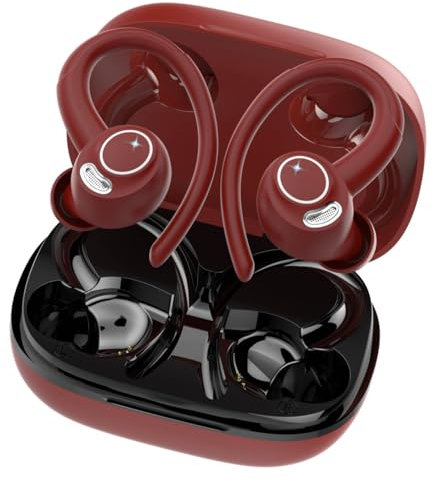 Jesebang Cuffie Bluetooth Sport, Auricolari Bluetooth 5.3 con Mic Stereo, Cuffie Wireless Display LED IP7 Impermeabili, Cuffie Senza Fili 48H, Rosso Retrò