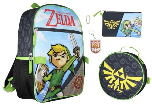 Legend of Zelda Rucksack, Lunchbox-Set, Schule, Reisen, Federmäppchen, Gummi, Schlüsselanhänger, Rucksack für Kinder, 5-teilig
