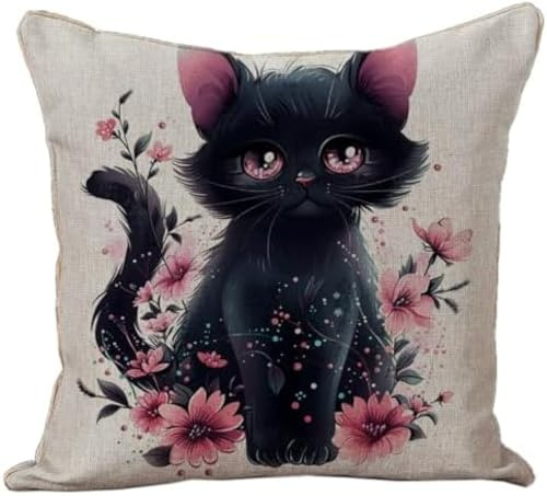 WallustrioaW Kit de Coussin à Broder au Point de Croix Chat noir avec des petites fleurs,Kit de broderie au point de croix estampillé,DIY Kit de Coussin à Broder 45x45cm